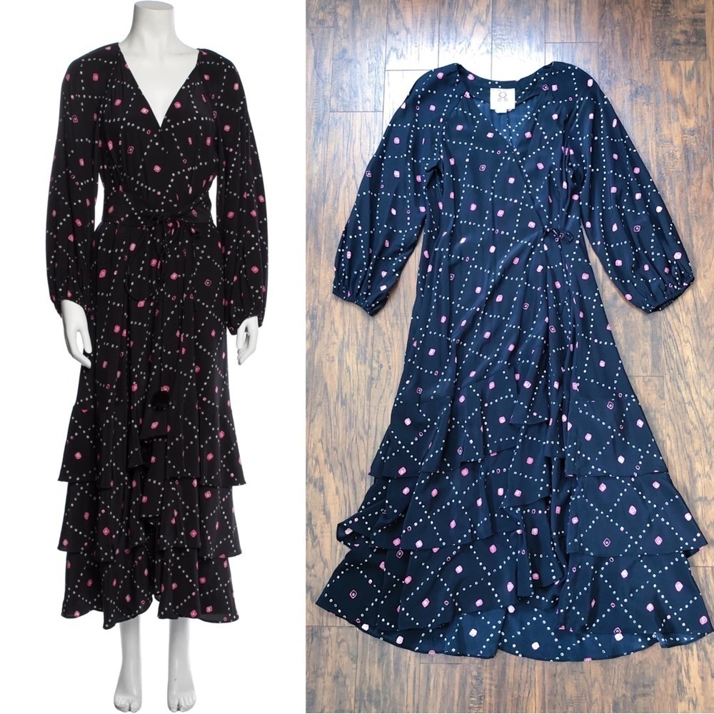 FIGUE • Frederica Dress black silk maxi wrap ruffle balloon sleeve tie waist